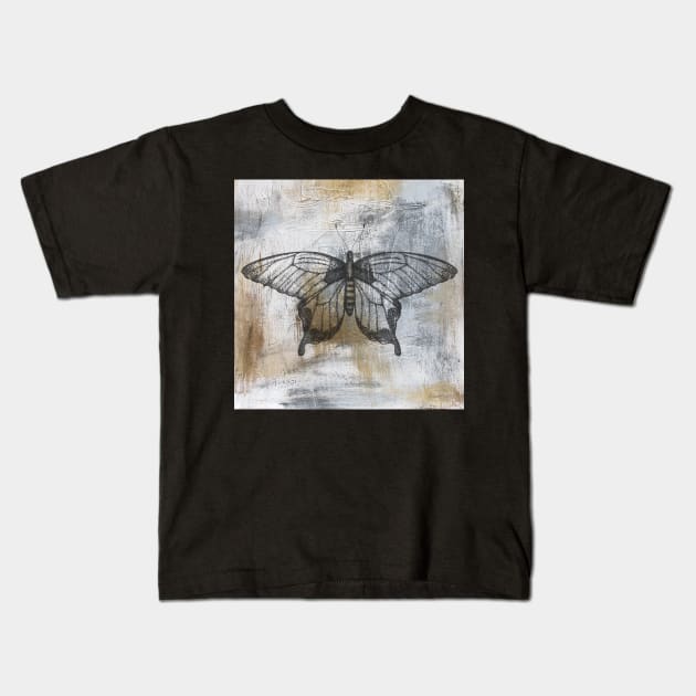 Gold And Grey Textures Butterfly A4 Kids T-Shirt by Jean Plout Designs